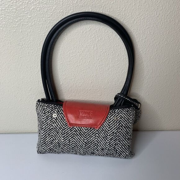 Two’s Company Women's Double Handle Tote Bag Beach Herringbone Black White Red - Picture 1 of 8